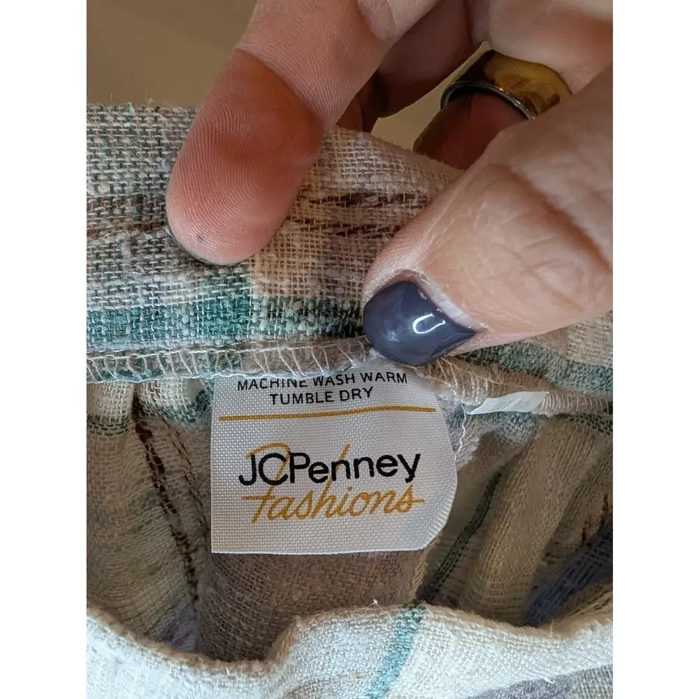Vintage JCPenney Linen Plaid Pleated Midi Skirt Lavender Green Cream Women Sz 18